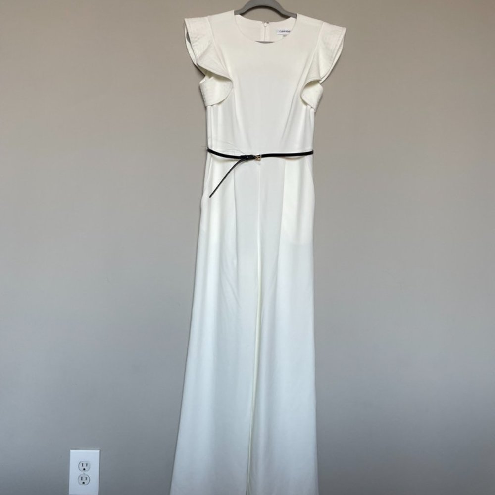 Calvin Klein Cream Jumpsuit with Black Belt - Picture 2 of 4